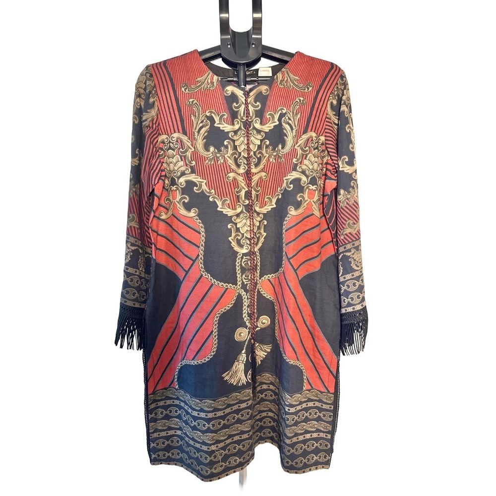 Limelight Baroque Chain Print Tunic Top Black Red Fringe Cuffs Side Slit Women's